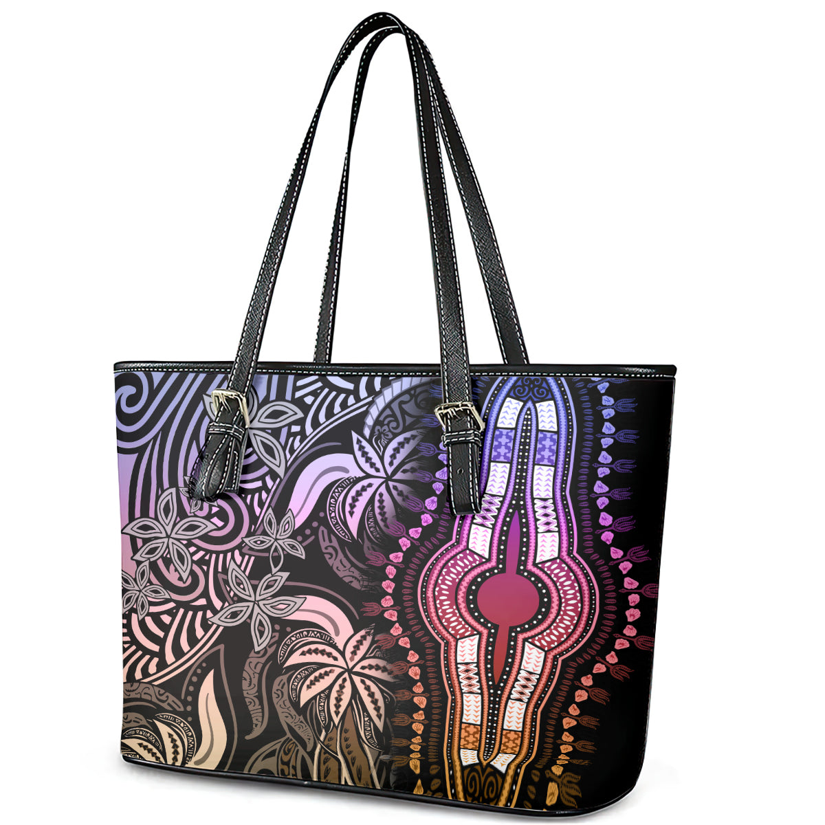 Polynesia Dashiki Leather Tote Bag Polynesia and Africa Traditional Special Together Pastel - Wonder Print Shop