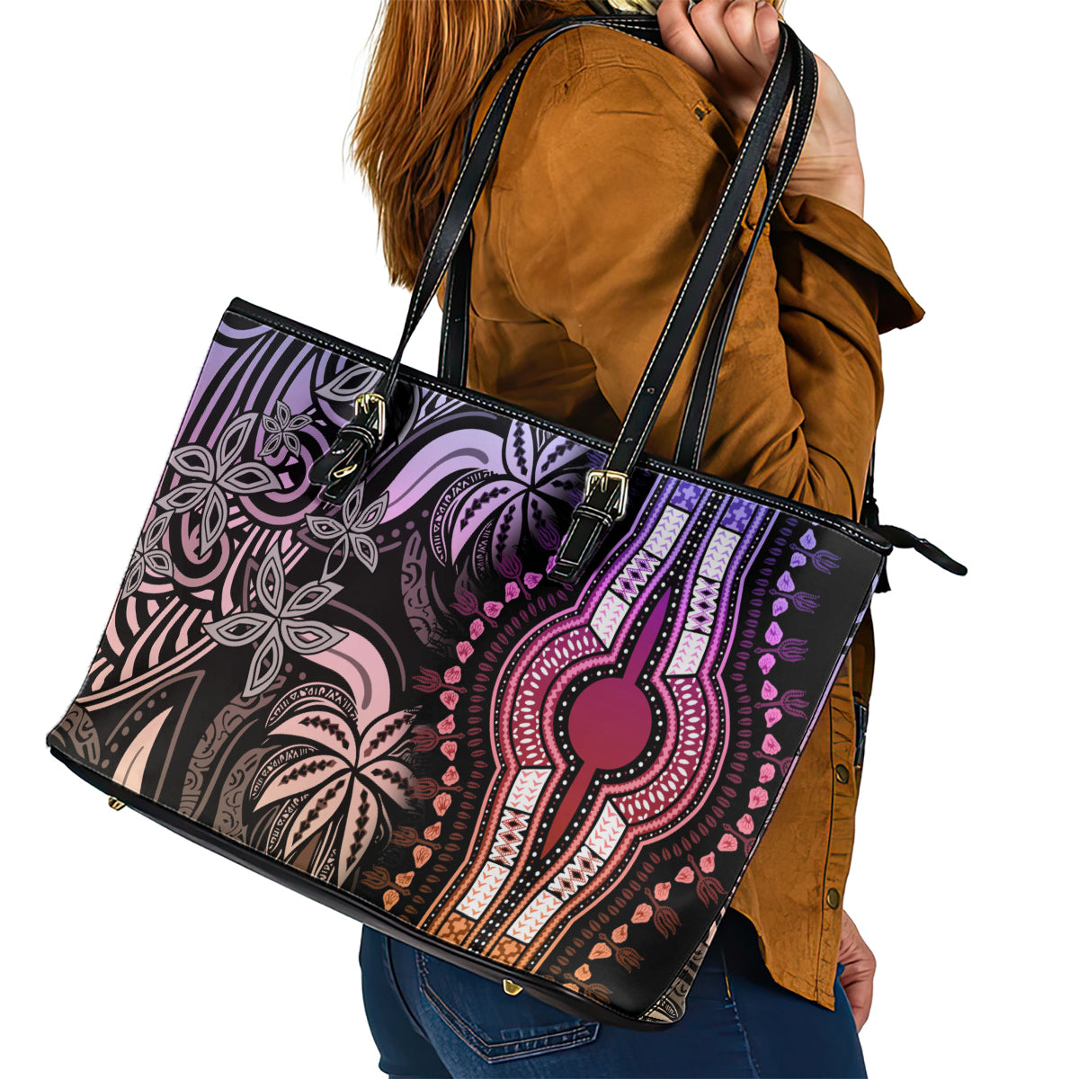 Polynesia Dashiki Leather Tote Bag Polynesia and Africa Traditional Special Together Pastel - Wonder Print Shop