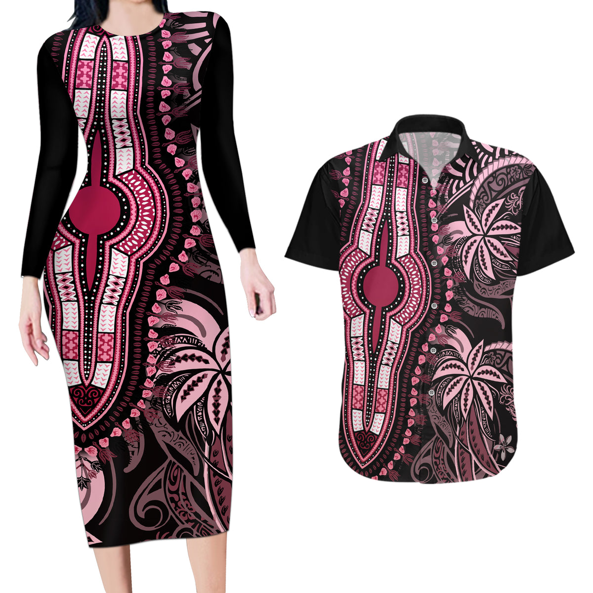Polynesia Dashiki Couples Matching Long Sleeve Bodycon Dress and Hawaiian Shirt Polynesia and Africa Traditional Special Together Pink LT9 - Wonder Print Shop