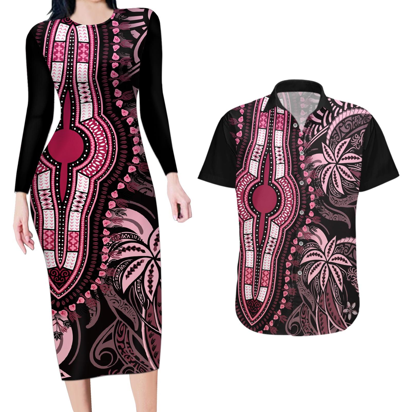 Polynesia Dashiki Couples Matching Long Sleeve Bodycon Dress and Hawaiian Shirt Polynesia and Africa Traditional Special Together Pink LT9 - Wonder Print Shop
