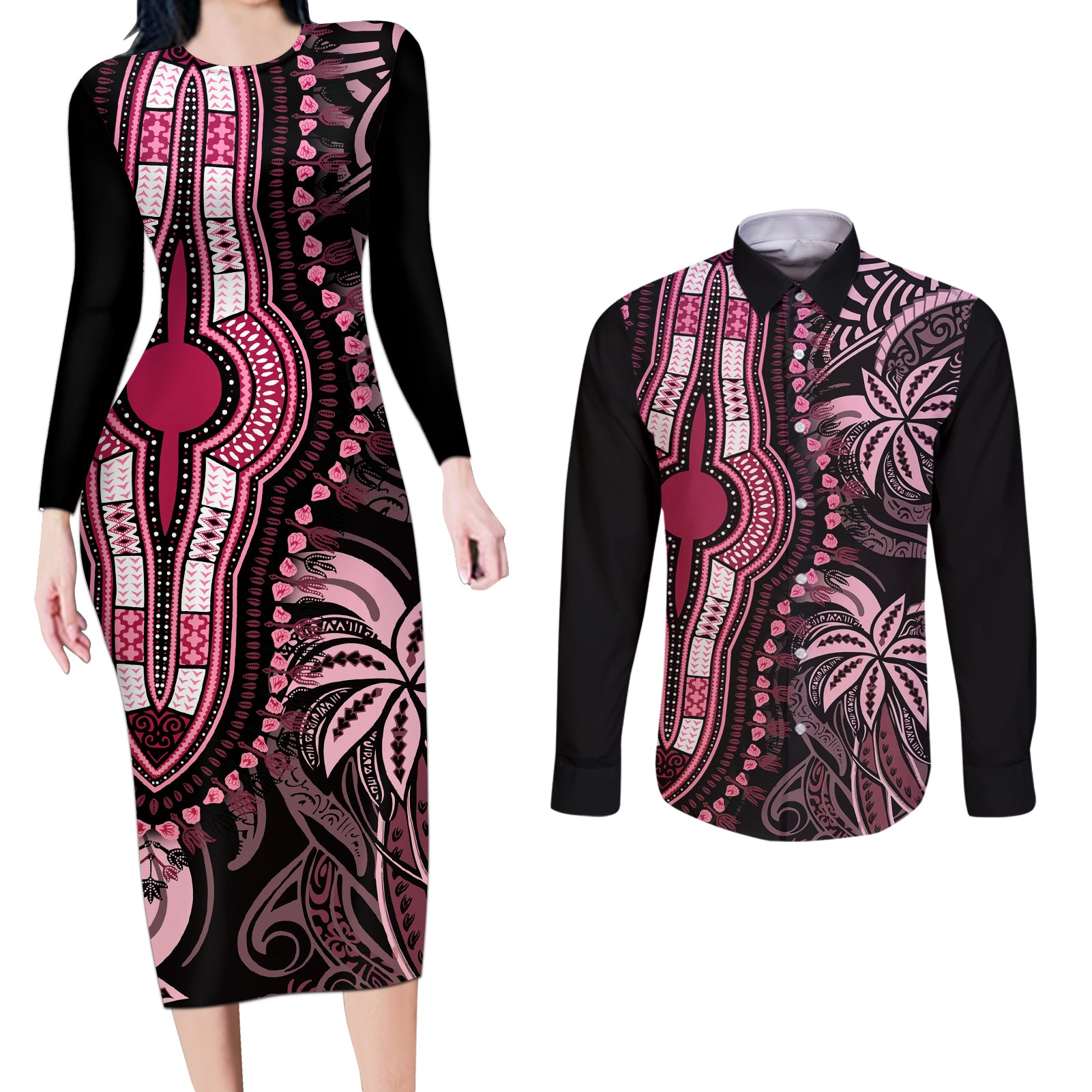 Polynesia Dashiki Couples Matching Long Sleeve Bodycon Dress and Long Sleeve Button Shirts Polynesia and Africa Traditional Special Together Pink LT9 - Wonder Print Shop