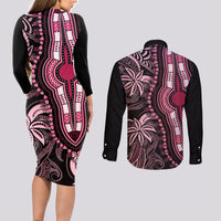 Polynesia Dashiki Couples Matching Long Sleeve Bodycon Dress and Long Sleeve Button Shirts Polynesia and Africa Traditional Special Together Pink LT9 - Wonder Print Shop