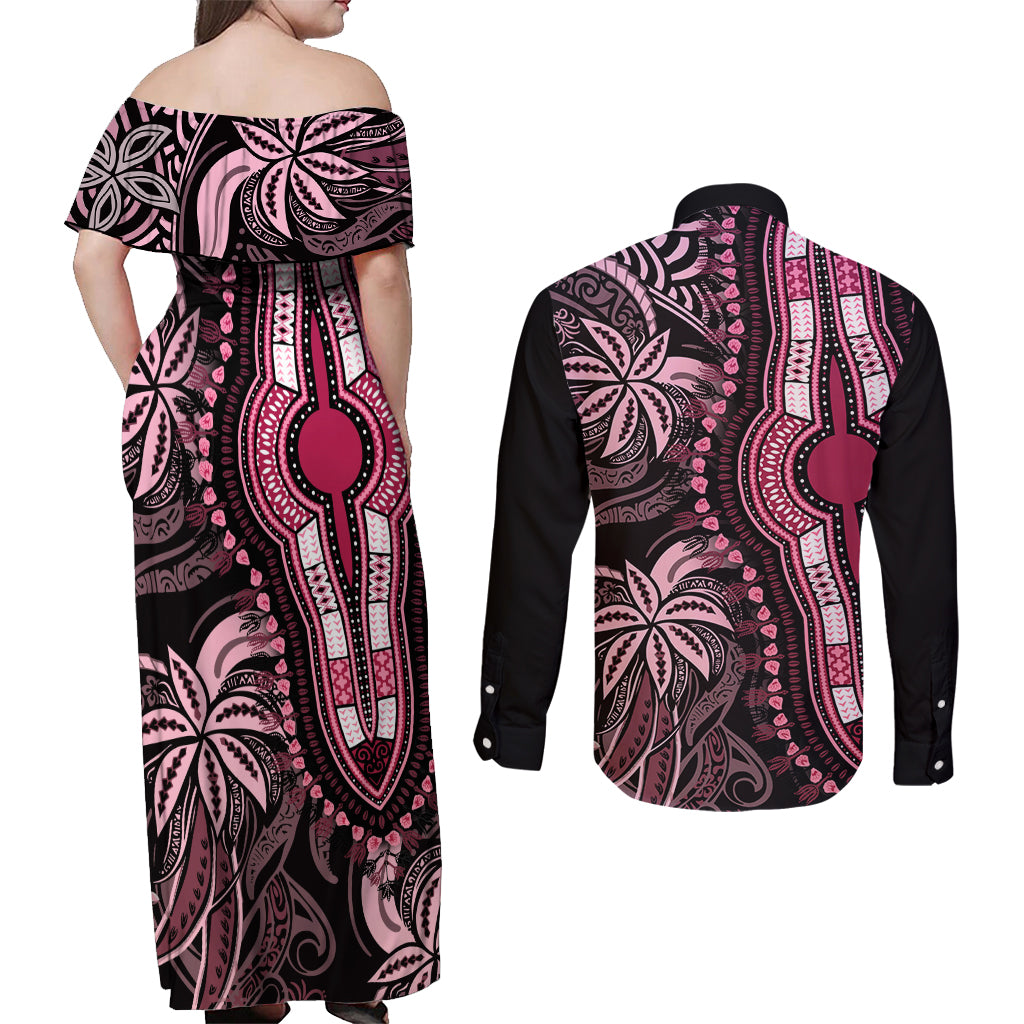 Polynesia Dashiki Couples Matching Off Shoulder Maxi Dress and Long Sleeve Button Shirts Polynesia and Africa Traditional Special Together Pink LT9 - Wonder Print Shop