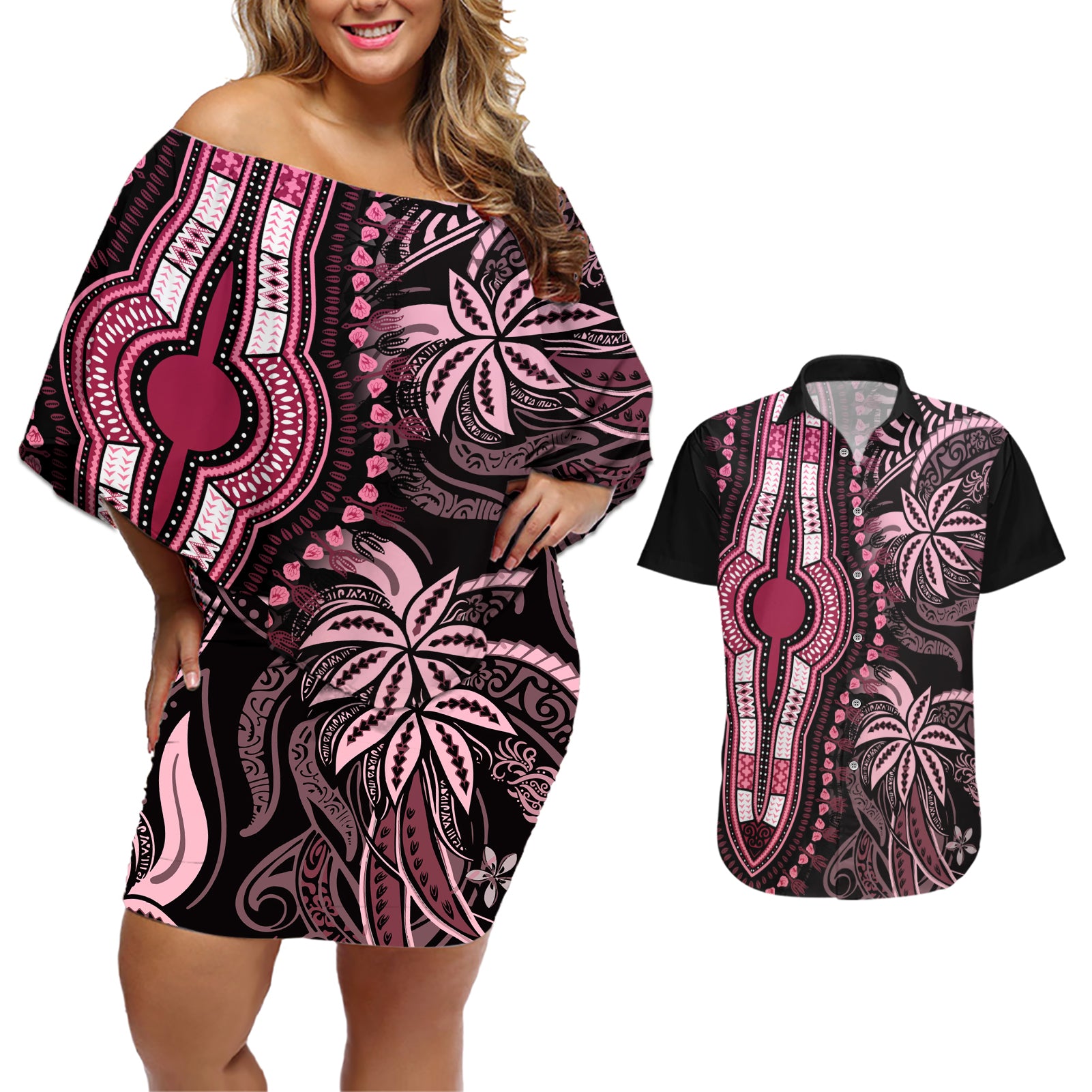 Polynesia Dashiki Couples Matching Off Shoulder Short Dress and Hawaiian Shirt Polynesia and Africa Traditional Special Together Pink LT9 - Wonder Print Shop