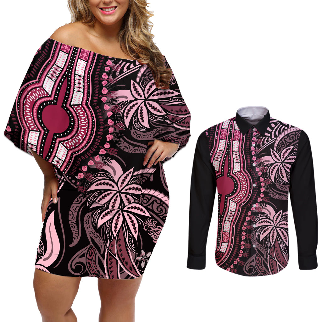 Polynesia Dashiki Couples Matching Off Shoulder Short Dress and Long Sleeve Button Shirts Polynesia and Africa Traditional Special Together Pink LT9 - Wonder Print Shop
