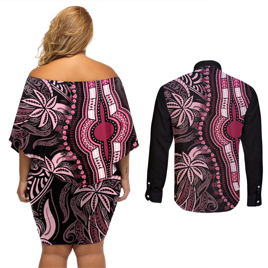 Polynesia Dashiki Couples Matching Off Shoulder Short Dress and Long Sleeve Button Shirts Polynesia and Africa Traditional Special Together Pink LT9 - Wonder Print Shop