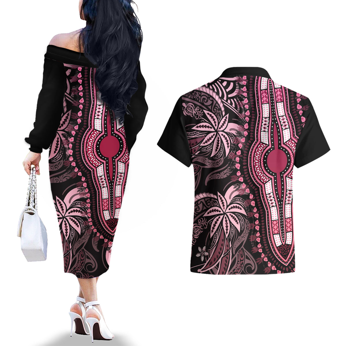 Polynesia Dashiki Couples Matching Off The Shoulder Long Sleeve Dress and Hawaiian Shirt Polynesia and Africa Traditional Special Together Pink LT9 - Wonder Print Shop