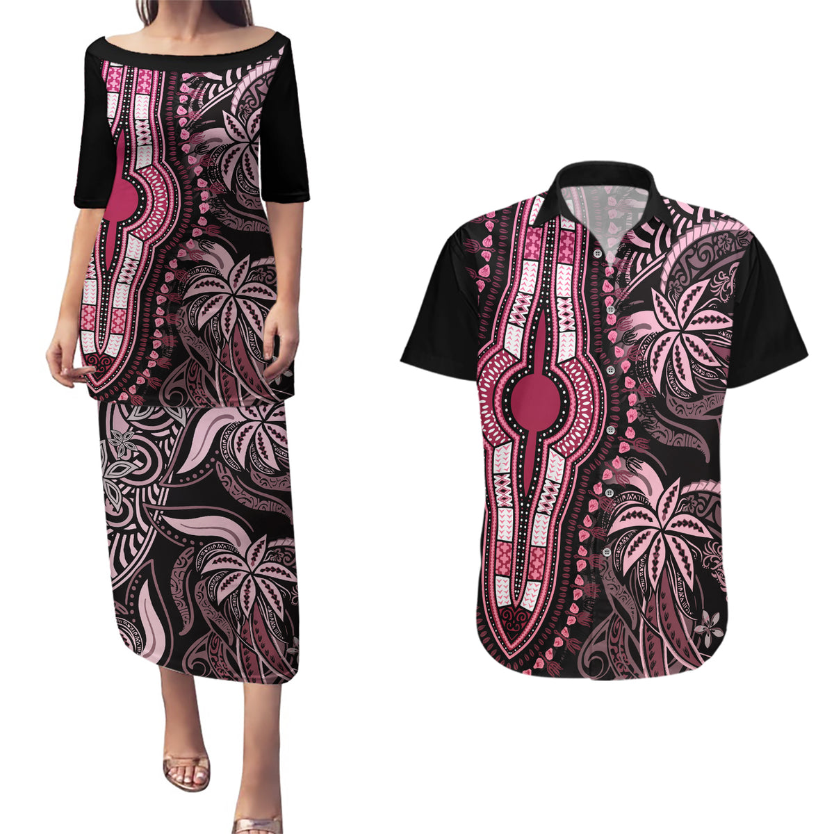 Polynesia Dashiki Couples Matching Puletasi Dress and Hawaiian Shirt Polynesia and Africa Traditional Special Together Pink LT9 - Wonder Print Shop