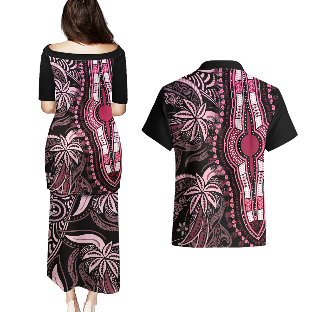Polynesia Dashiki Couples Matching Puletasi Dress and Hawaiian Shirt Polynesia and Africa Traditional Special Together Pink LT9 - Wonder Print Shop