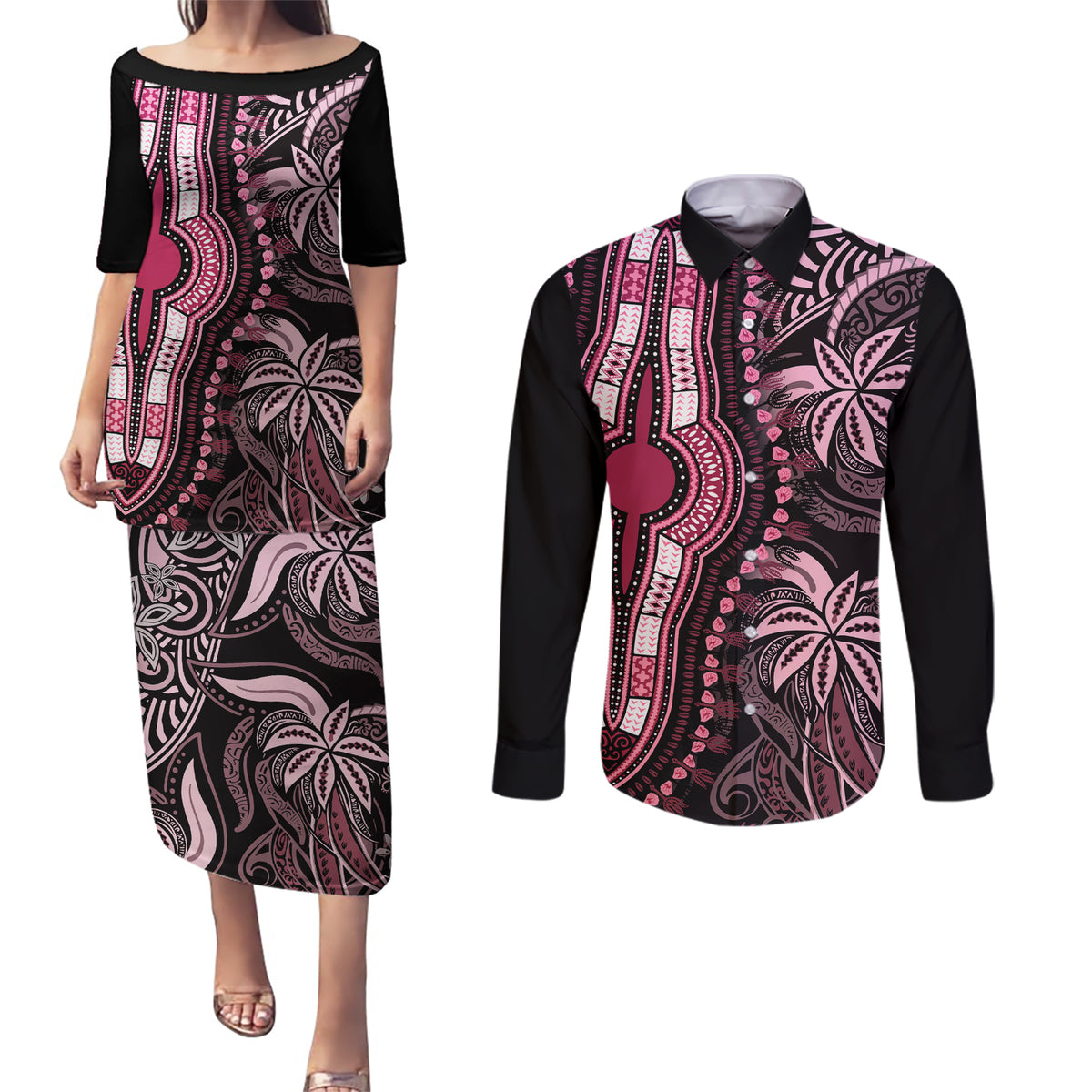 Polynesia Dashiki Couples Matching Puletasi Dress and Long Sleeve Button Shirts Polynesia and Africa Traditional Special Together Pink LT9 - Wonder Print Shop