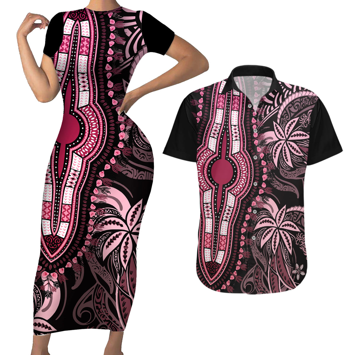 Polynesia Dashiki Couples Matching Short Sleeve Bodycon Dress and Hawaiian Shirt Polynesia and Africa Traditional Special Together Pink LT9 - Wonder Print Shop