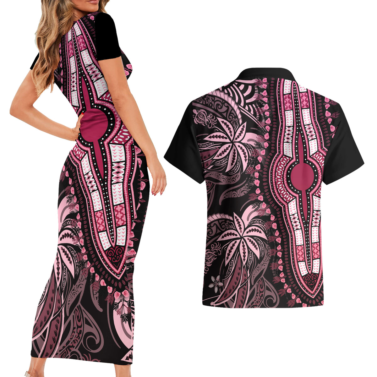 Polynesia Dashiki Couples Matching Short Sleeve Bodycon Dress and Hawaiian Shirt Polynesia and Africa Traditional Special Together Pink LT9 - Wonder Print Shop