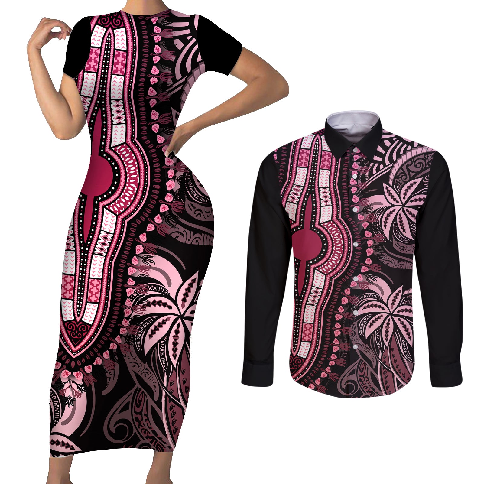 Polynesia Dashiki Couples Matching Short Sleeve Bodycon Dress and Long Sleeve Button Shirts Polynesia and Africa Traditional Special Together Pink LT9 - Wonder Print Shop
