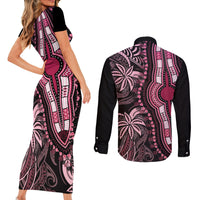 Polynesia Dashiki Couples Matching Short Sleeve Bodycon Dress and Long Sleeve Button Shirts Polynesia and Africa Traditional Special Together Pink LT9 - Wonder Print Shop