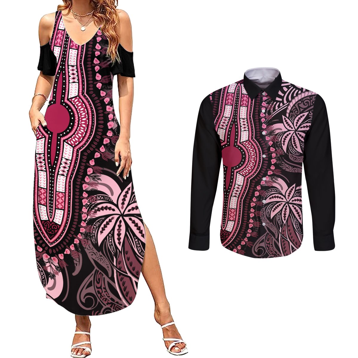 Polynesia Dashiki Couples Matching Summer Maxi Dress and Long Sleeve Button Shirts Polynesia and Africa Traditional Special Together Pink LT9 - Wonder Print Shop