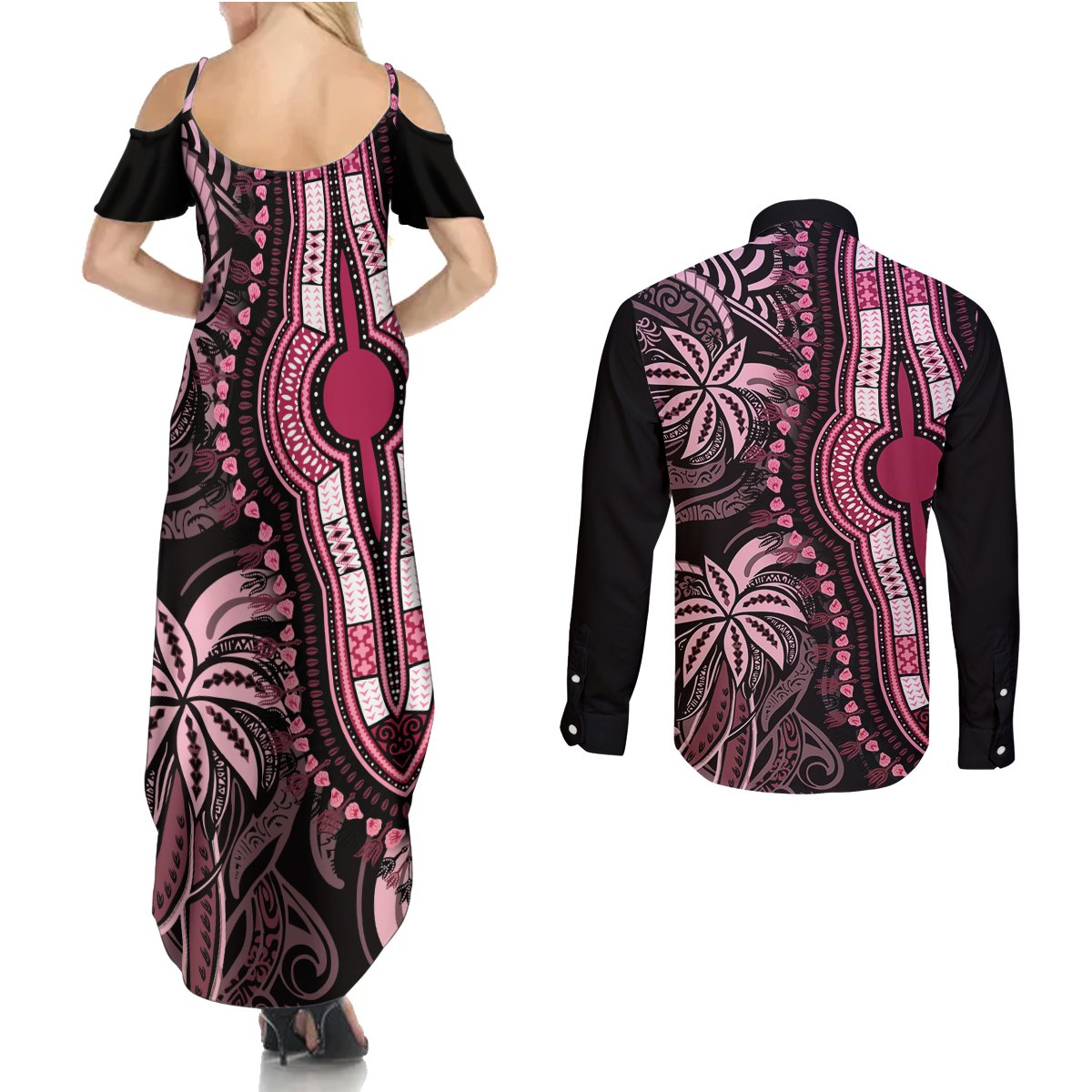 Polynesia Dashiki Couples Matching Summer Maxi Dress and Long Sleeve Button Shirts Polynesia and Africa Traditional Special Together Pink LT9 - Wonder Print Shop
