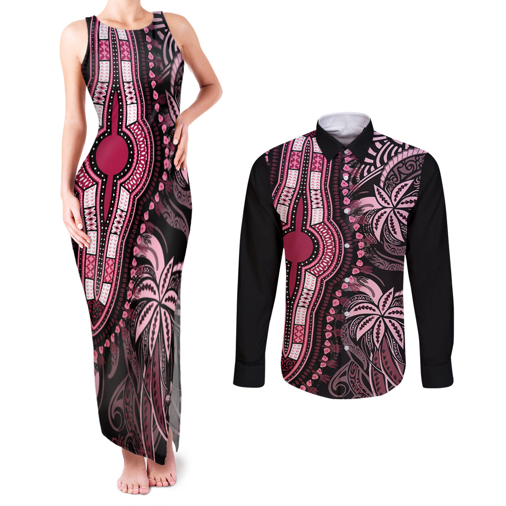 Polynesia Dashiki Couples Matching Tank Maxi Dress and Long Sleeve Button Shirts Polynesia and Africa Traditional Special Together Pink LT9 - Wonder Print Shop