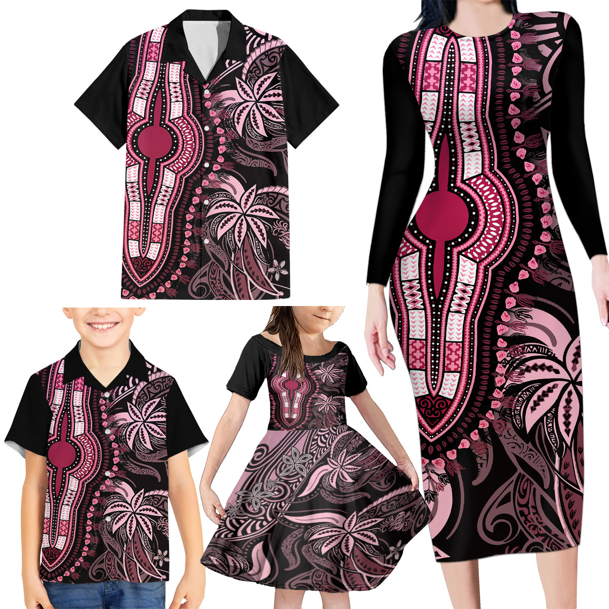 Polynesia Dashiki Family Matching Long Sleeve Bodycon Dress and Hawaiian Shirt Polynesia and Africa Traditional Special Together Pink LT9 - Wonder Print Shop