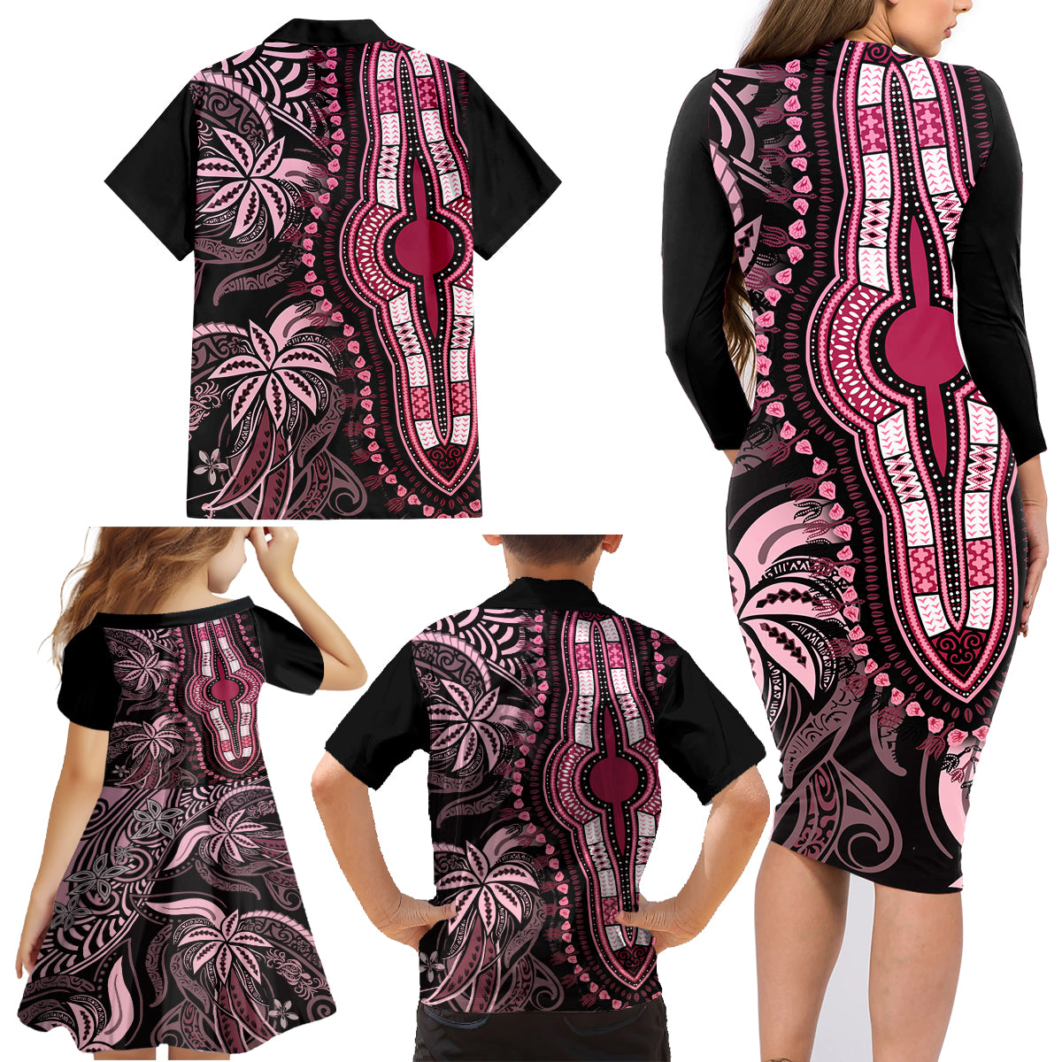 Polynesia Dashiki Family Matching Long Sleeve Bodycon Dress and Hawaiian Shirt Polynesia and Africa Traditional Special Together Pink LT9 - Wonder Print Shop
