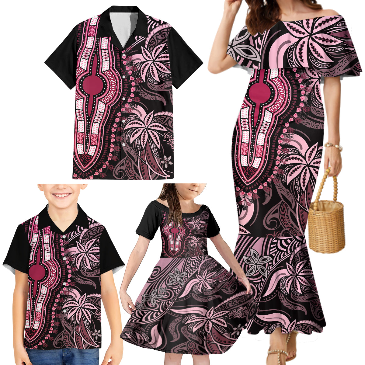Polynesia Dashiki Family Matching Mermaid Dress and Hawaiian Shirt Polynesia and Africa Traditional Special Together Pink LT9 - Wonder Print Shop