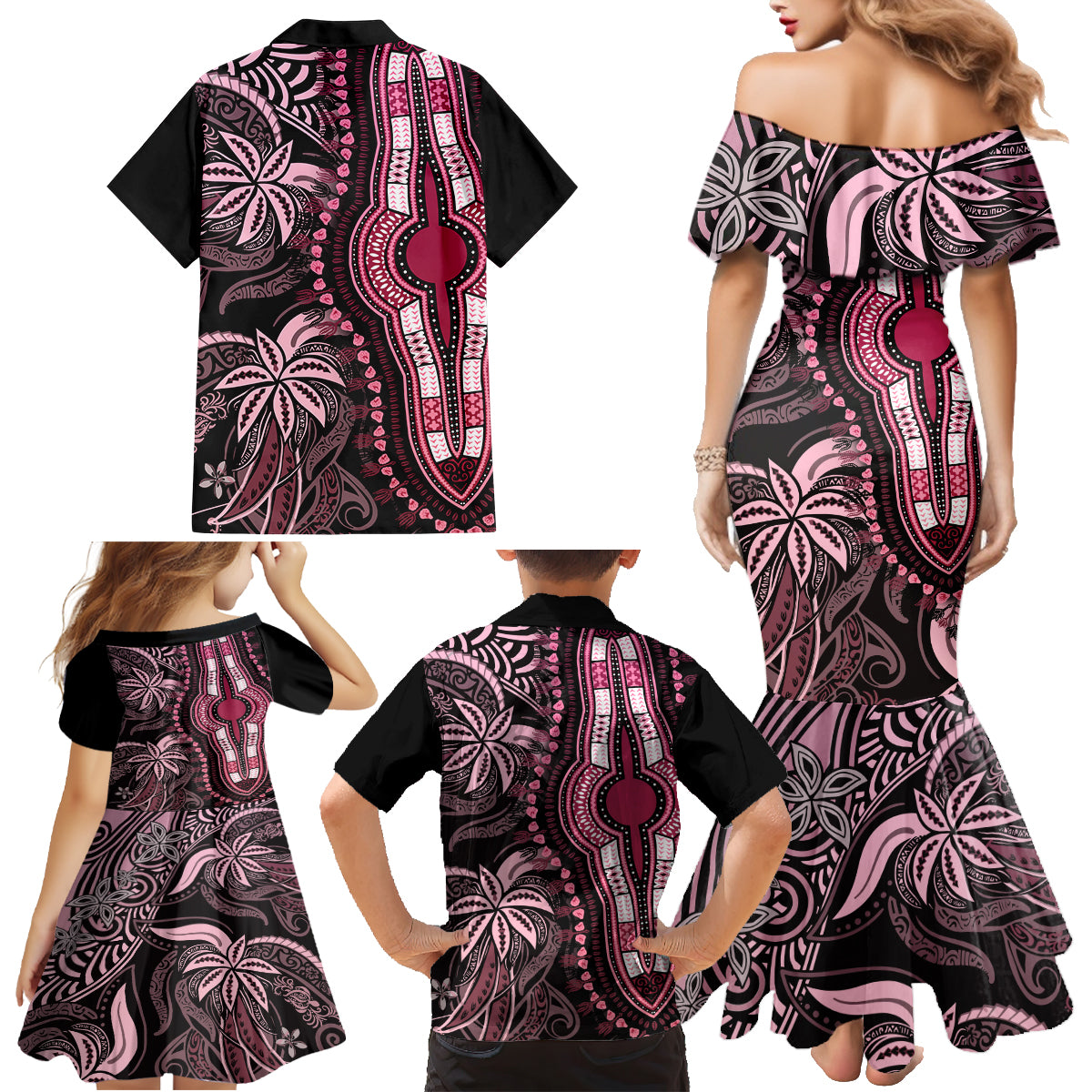 Polynesia Dashiki Family Matching Mermaid Dress and Hawaiian Shirt Polynesia and Africa Traditional Special Together Pink LT9 - Wonder Print Shop