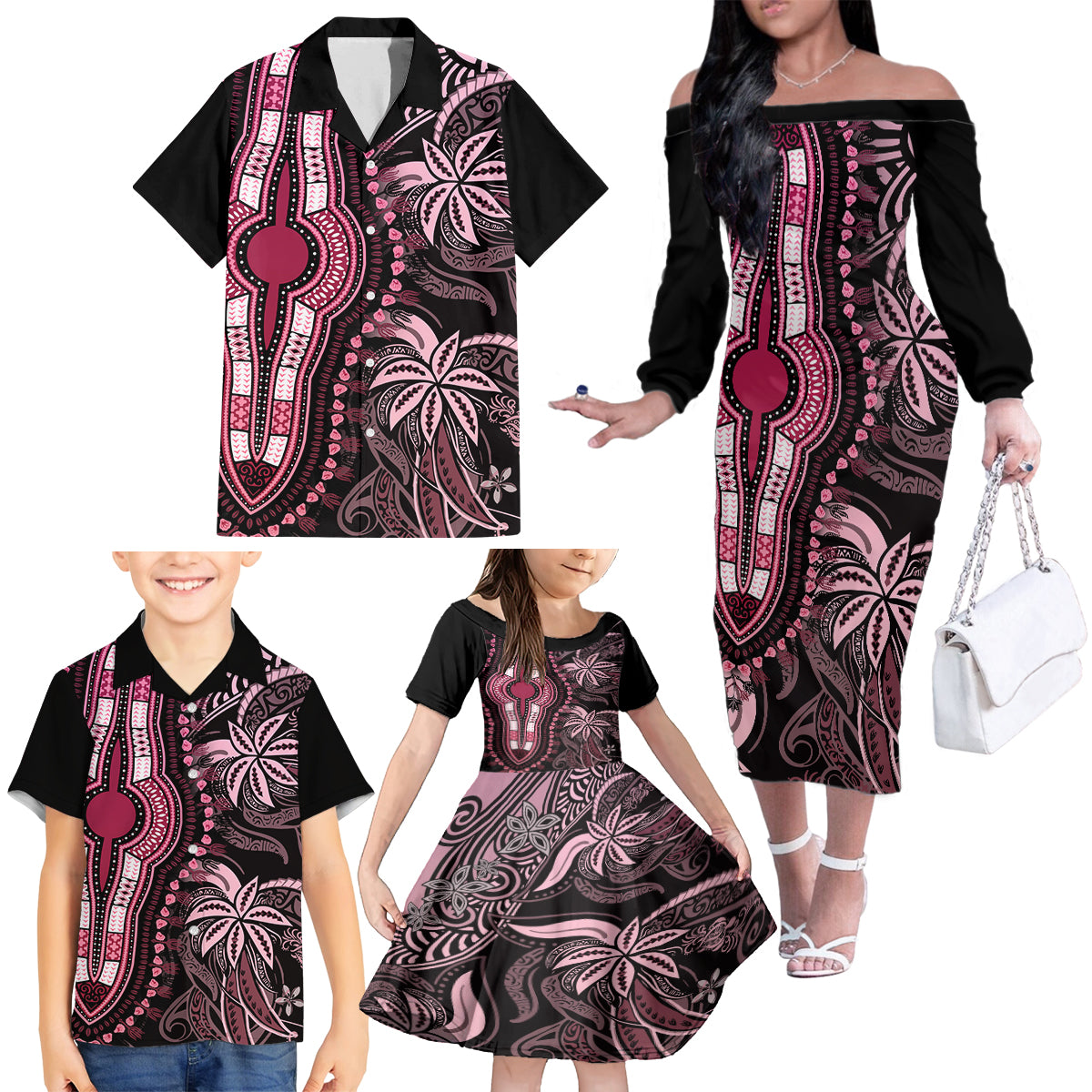 Polynesia Dashiki Family Matching Off Shoulder Long Sleeve Dress and Hawaiian Shirt Polynesia and Africa Traditional Special Together Pink - Wonder Print Shop