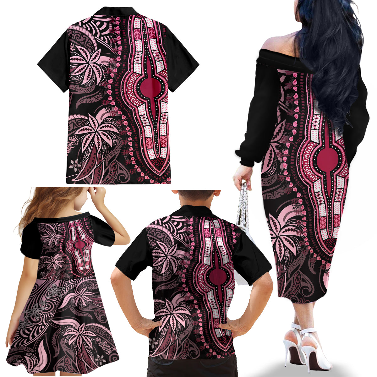 Polynesia Dashiki Family Matching Off Shoulder Long Sleeve Dress and Hawaiian Shirt Polynesia and Africa Traditional Special Together Pink - Wonder Print Shop