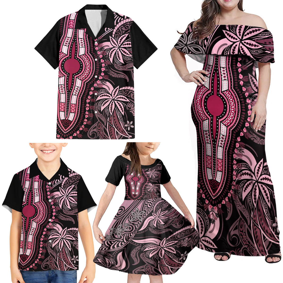 Polynesia Dashiki Family Matching Off Shoulder Maxi Dress and Hawaiian Shirt Polynesia and Africa Traditional Special Together Pink LT9 - Wonder Print Shop