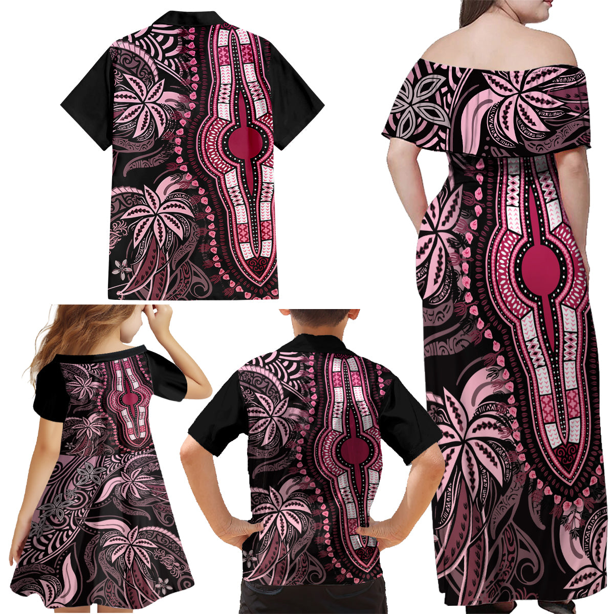 Polynesia Dashiki Family Matching Off Shoulder Maxi Dress and Hawaiian Shirt Polynesia and Africa Traditional Special Together Pink LT9 - Wonder Print Shop