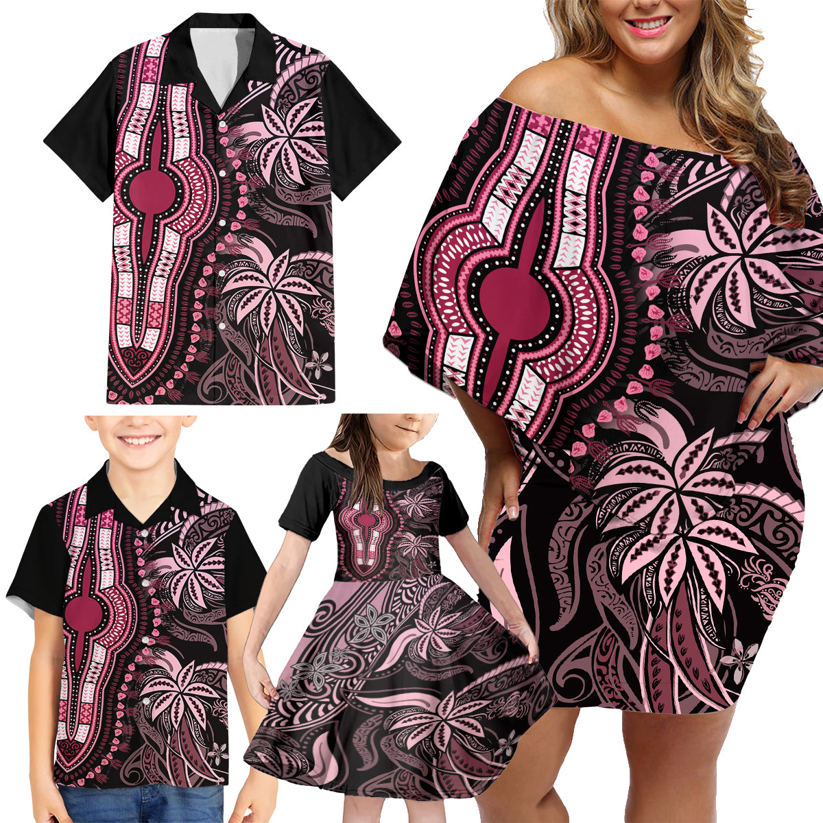 Polynesia Dashiki Family Matching Off Shoulder Short Dress and Hawaiian Shirt Polynesia and Africa Traditional Special Together Pink LT9 - Wonder Print Shop