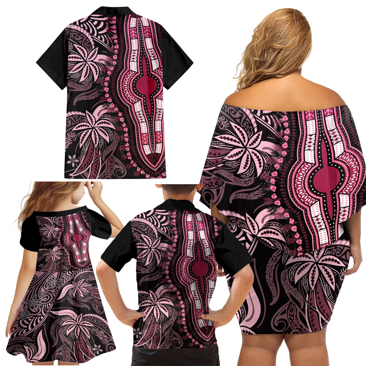 Polynesia Dashiki Family Matching Off Shoulder Short Dress and Hawaiian Shirt Polynesia and Africa Traditional Special Together Pink LT9 - Wonder Print Shop