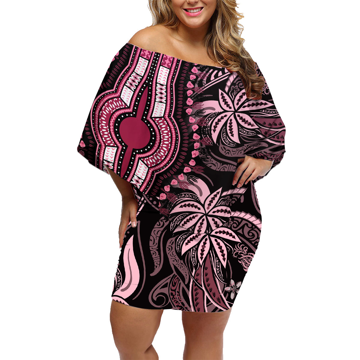 Polynesia Dashiki Family Matching Off Shoulder Short Dress and Hawaiian Shirt Polynesia and Africa Traditional Special Together Pink LT9 - Wonder Print Shop