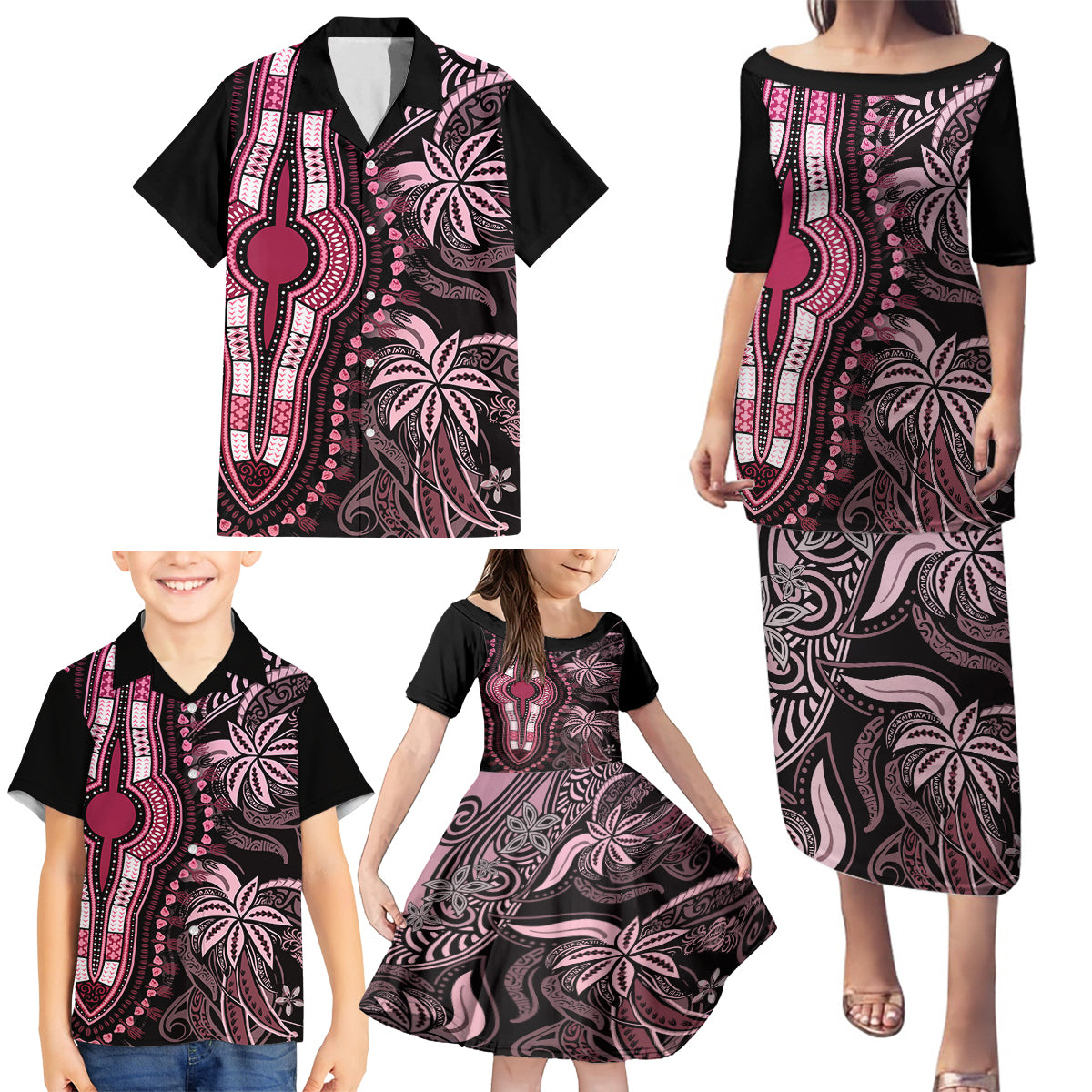 Polynesia Dashiki Family Matching Puletasi Dress and Hawaiian Shirt Polynesia and Africa Traditional Special Together Pink - Wonder Print Shop