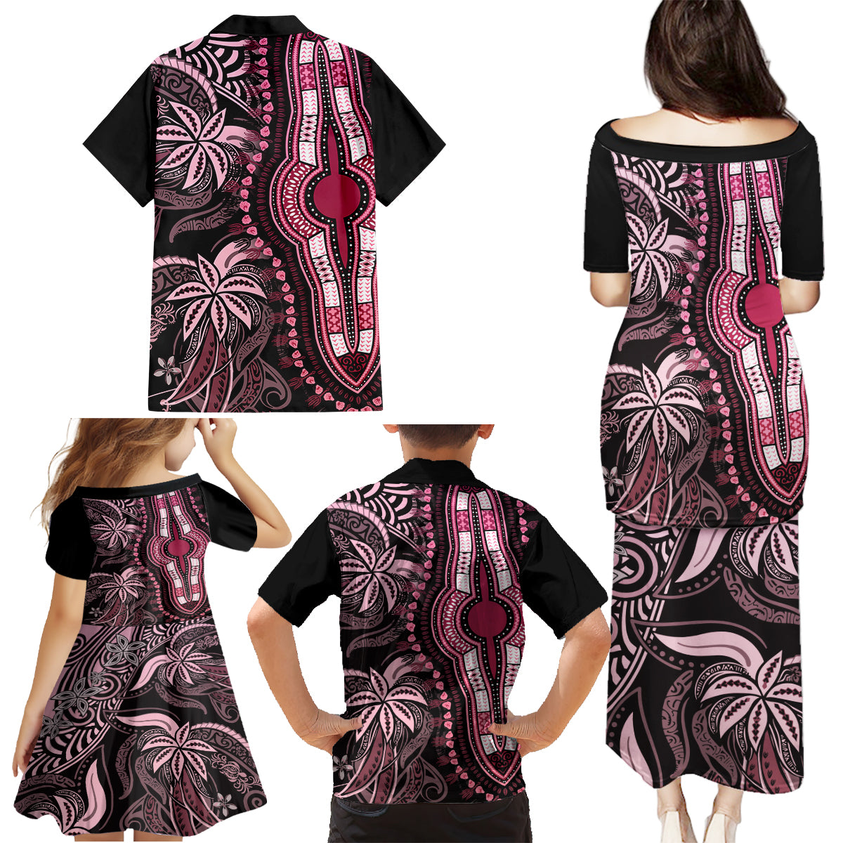 Polynesia Dashiki Family Matching Puletasi Dress and Hawaiian Shirt Polynesia and Africa Traditional Special Together Pink - Wonder Print Shop