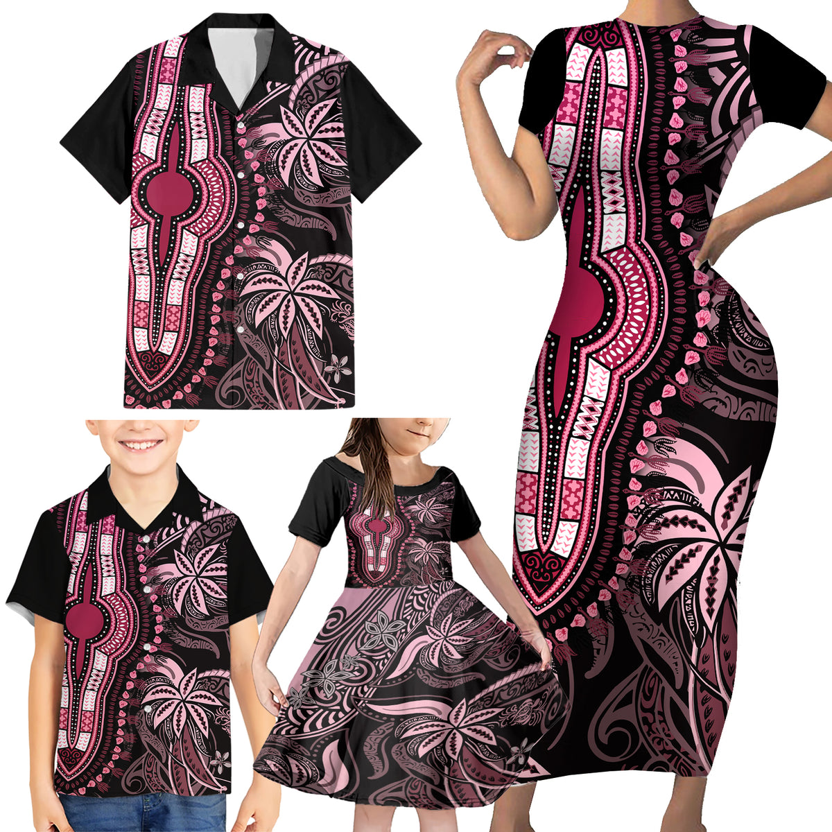 Polynesia Dashiki Family Matching Short Sleeve Bodycon Dress and Hawaiian Shirt Polynesia and Africa Traditional Special Together Pink - Wonder Print Shop