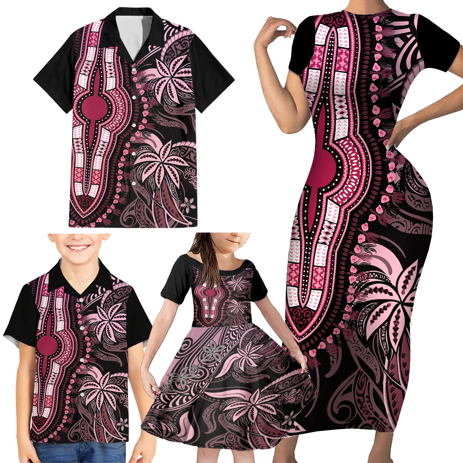 Polynesia Dashiki Family Matching Short Sleeve Bodycon Dress and Hawaiian Shirt Polynesia and Africa Traditional Special Together Pink - Wonder Print Shop