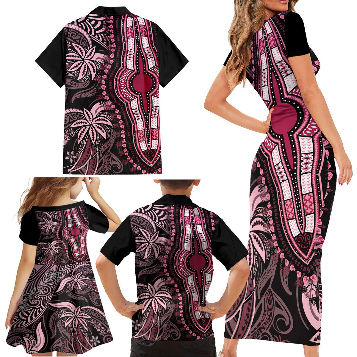 Polynesia Dashiki Family Matching Short Sleeve Bodycon Dress and Hawaiian Shirt Polynesia and Africa Traditional Special Together Pink - Wonder Print Shop