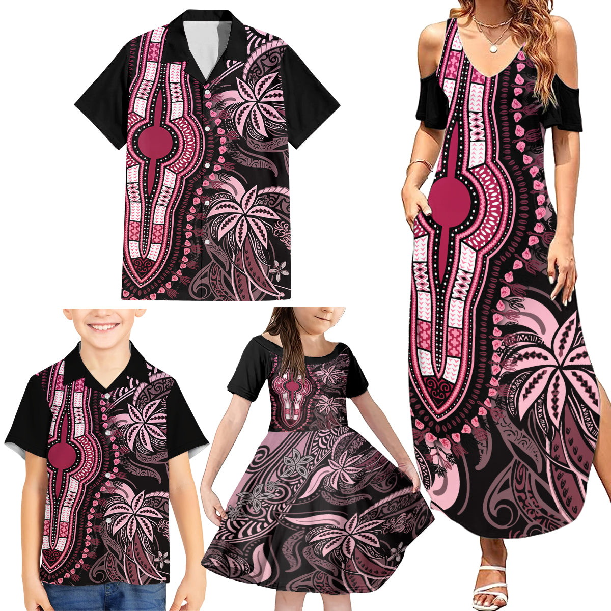 Polynesia Dashiki Family Matching Summer Maxi Dress and Hawaiian Shirt Polynesia and Africa Traditional Special Together Pink - Wonder Print Shop