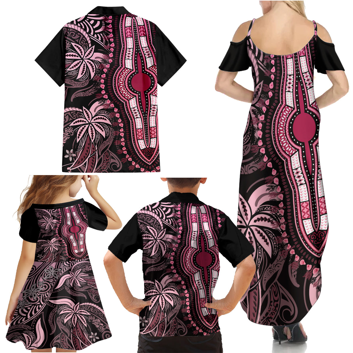 Polynesia Dashiki Family Matching Summer Maxi Dress and Hawaiian Shirt Polynesia and Africa Traditional Special Together Pink - Wonder Print Shop
