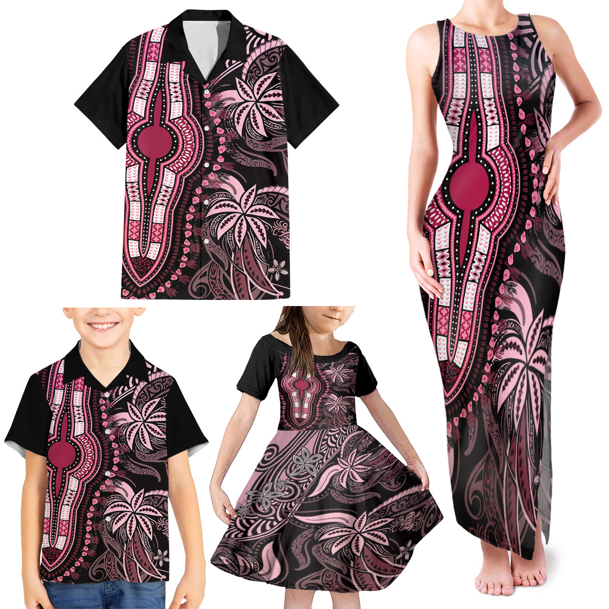 Polynesia Dashiki Family Matching Tank Maxi Dress and Hawaiian Shirt Polynesia and Africa Traditional Special Together Pink - Wonder Print Shop
