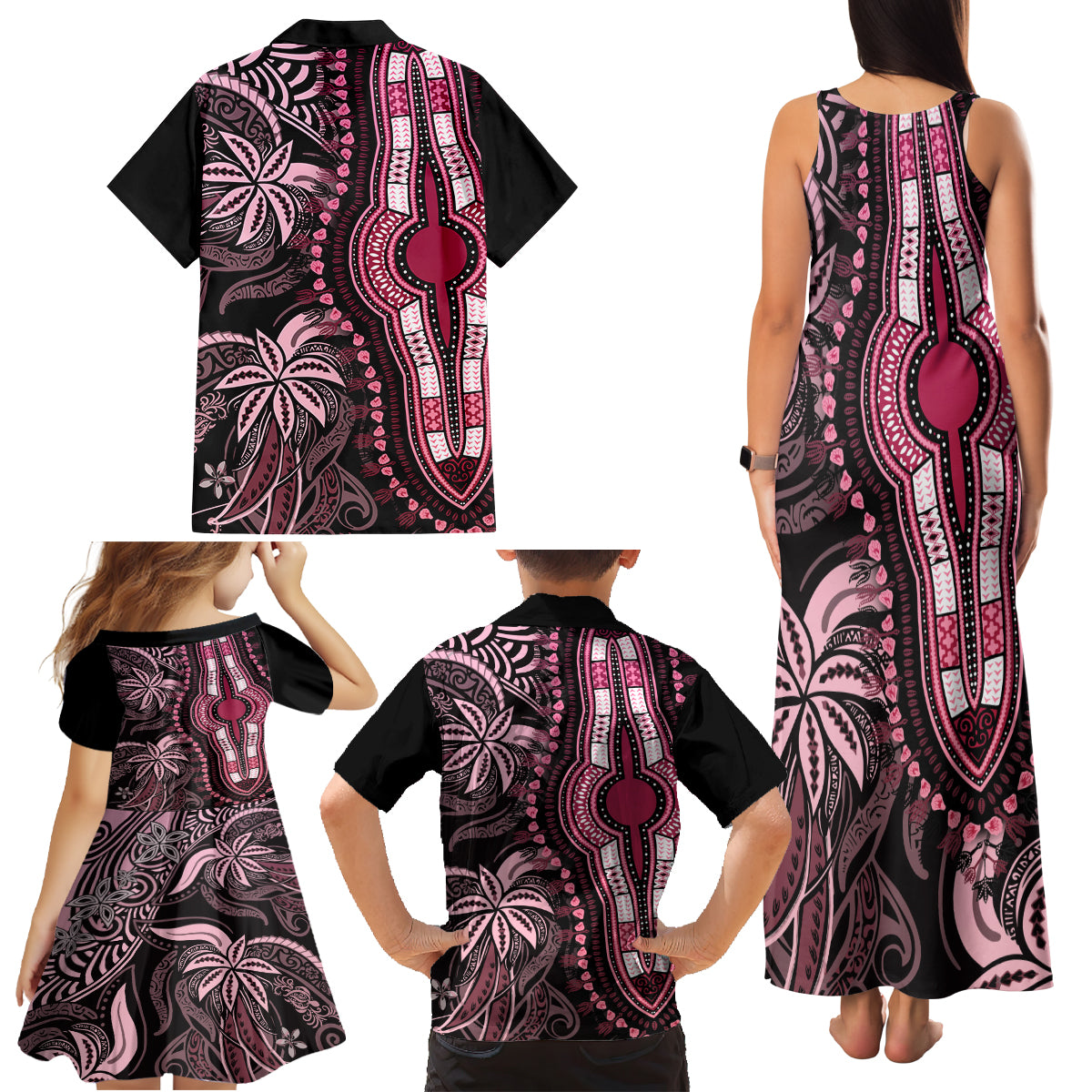 Polynesia Dashiki Family Matching Tank Maxi Dress and Hawaiian Shirt Polynesia and Africa Traditional Special Together Pink - Wonder Print Shop