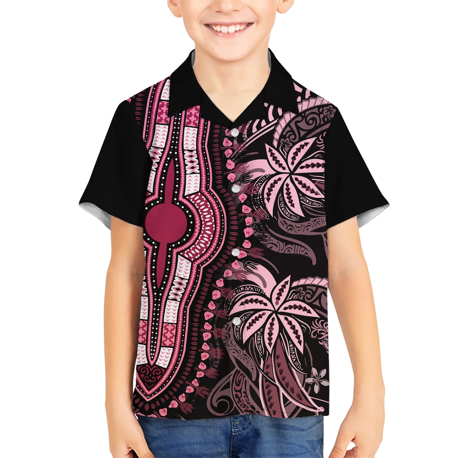 Polynesia Dashiki Kid Hawaiian Shirt Polynesia and Africa Traditional Special Together Pink - Wonder Print Shop