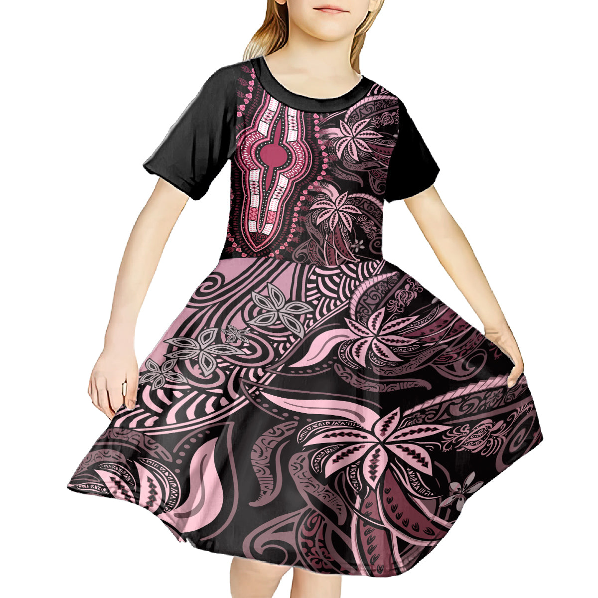 Polynesia Dashiki Kid Short Sleeve Dress Polynesia and Africa Traditional Special Together Pink - Wonder Print Shop