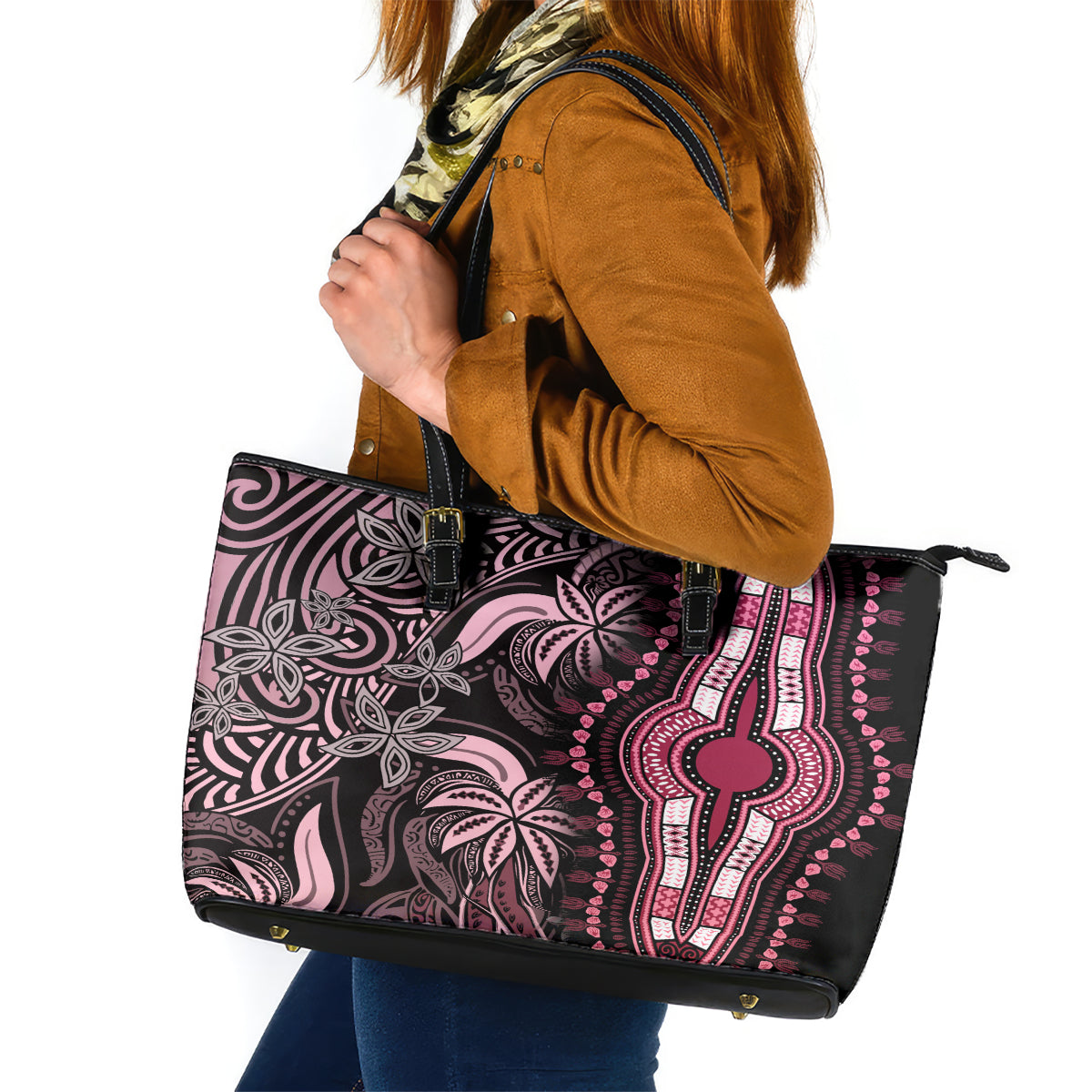 Polynesia Dashiki Leather Tote Bag Polynesia and Africa Traditional Special Together Pink - Wonder Print Shop