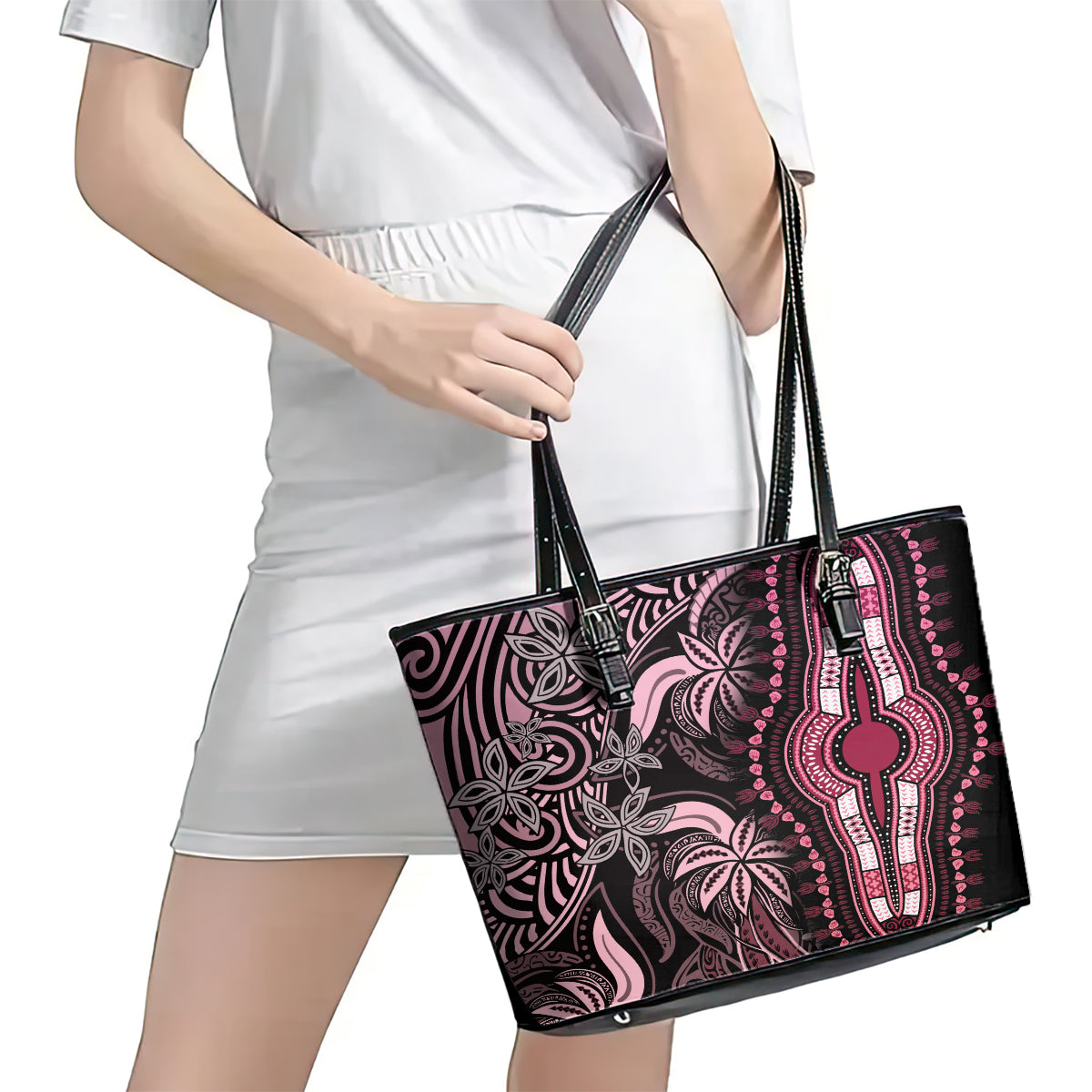 Polynesia Dashiki Leather Tote Bag Polynesia and Africa Traditional Special Together Pink - Wonder Print Shop