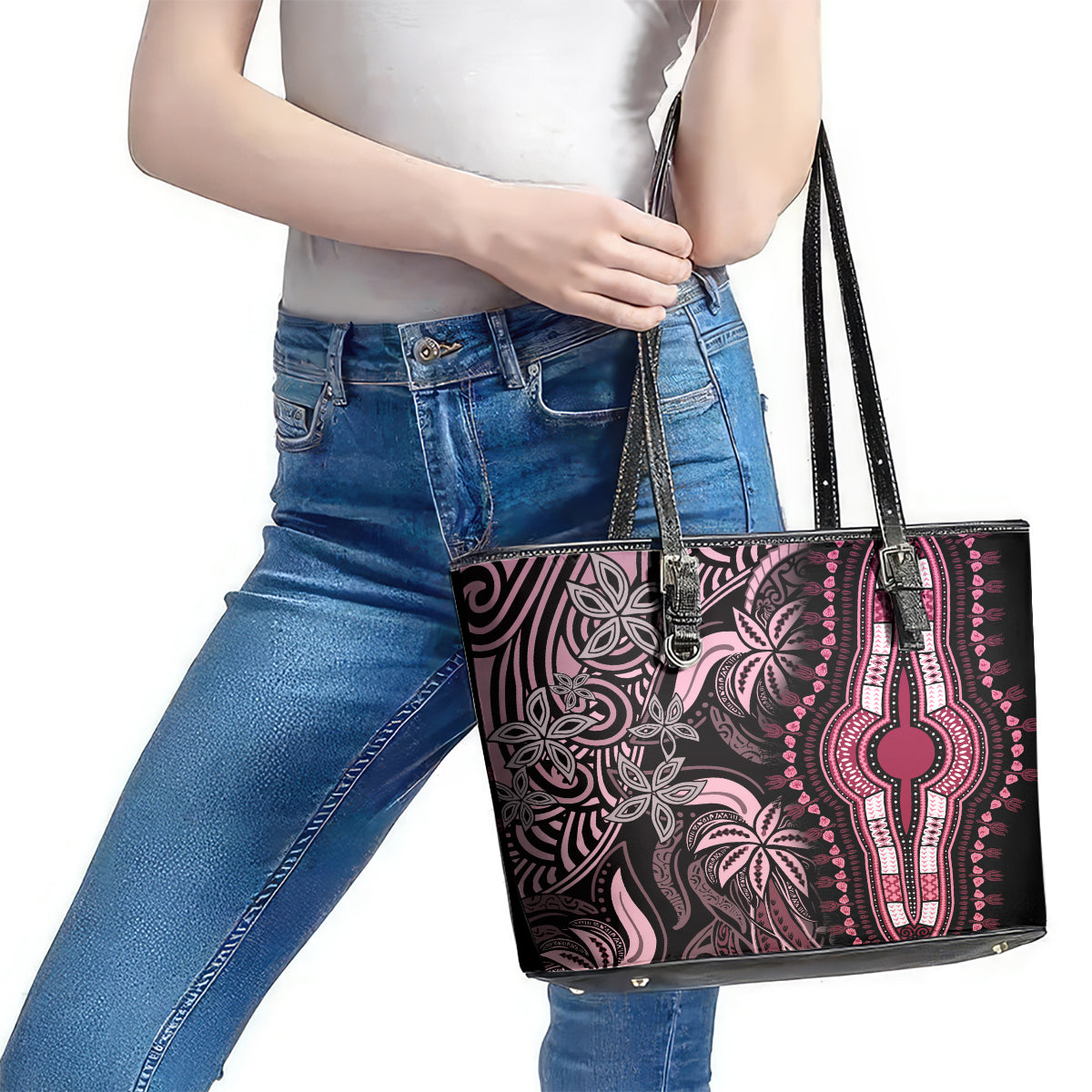 Polynesia Dashiki Leather Tote Bag Polynesia and Africa Traditional Special Together Pink - Wonder Print Shop