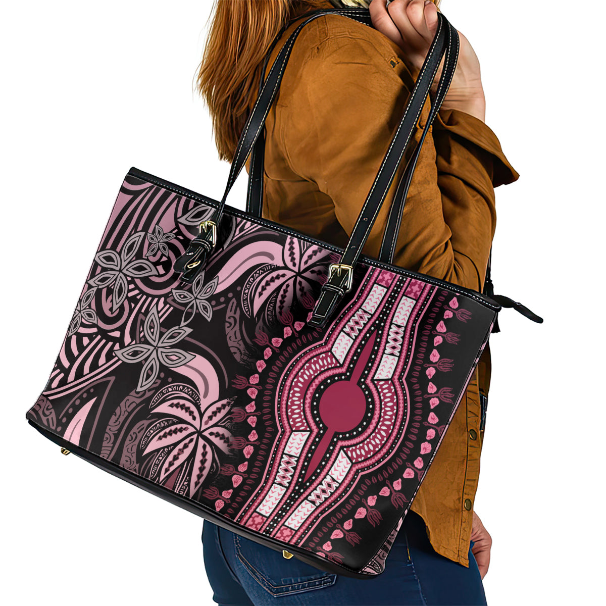 Polynesia Dashiki Leather Tote Bag Polynesia and Africa Traditional Special Together Pink - Wonder Print Shop