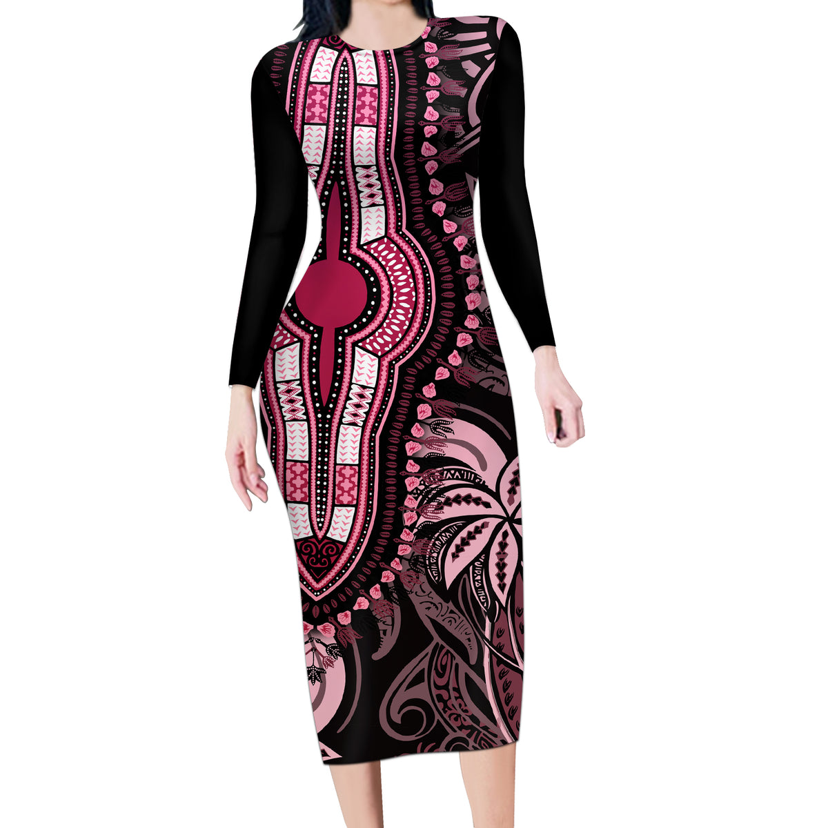 Polynesia Dashiki Long Sleeve Bodycon Dress Polynesia and Africa Traditional Special Together Pink - Wonder Print Shop