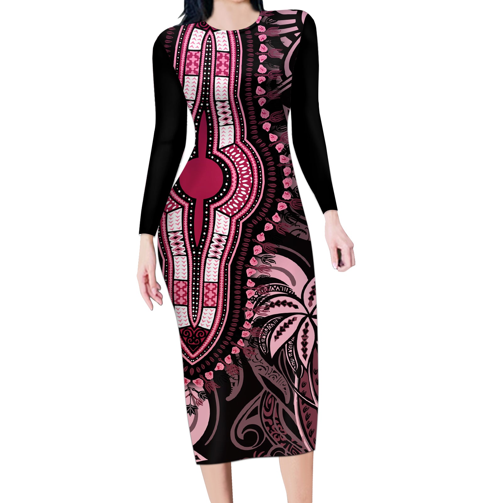 Polynesia Dashiki Long Sleeve Bodycon Dress Polynesia and Africa Traditional Special Together Pink - Wonder Print Shop