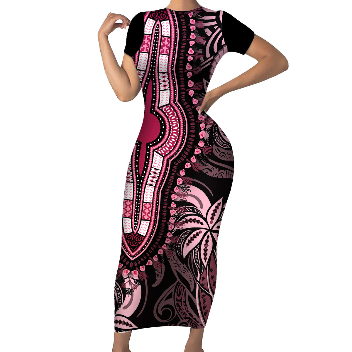 Polynesia Dashiki Short Sleeve Bodycon Dress Polynesia and Africa Traditional Special Together Pink - Wonder Print Shop